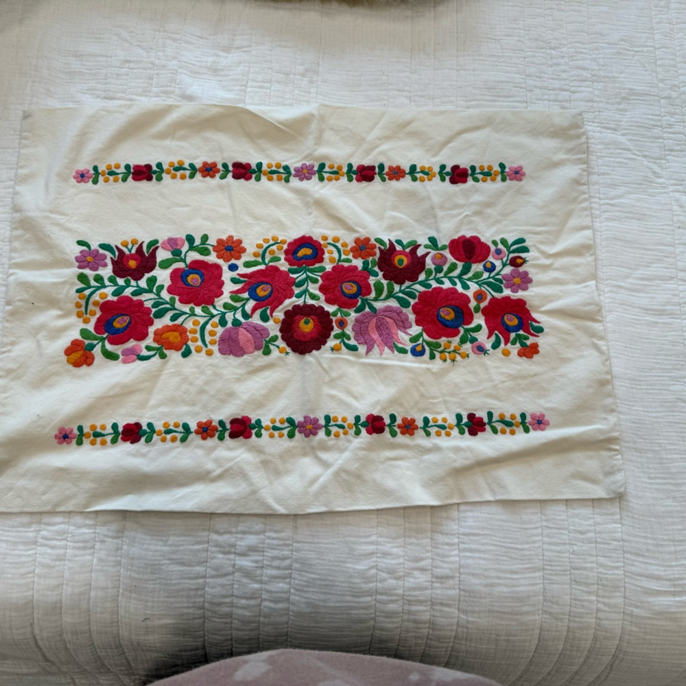 Vintage Hungarian Traditional Hand Embroidered Linen Pillow Case from Kalocsa